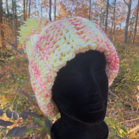 Handmade Pom Pom Pink/Pale Yellow/Ribbed Crochet Slouch Women's/Teens Beanie Hat - Picture 7 of 7